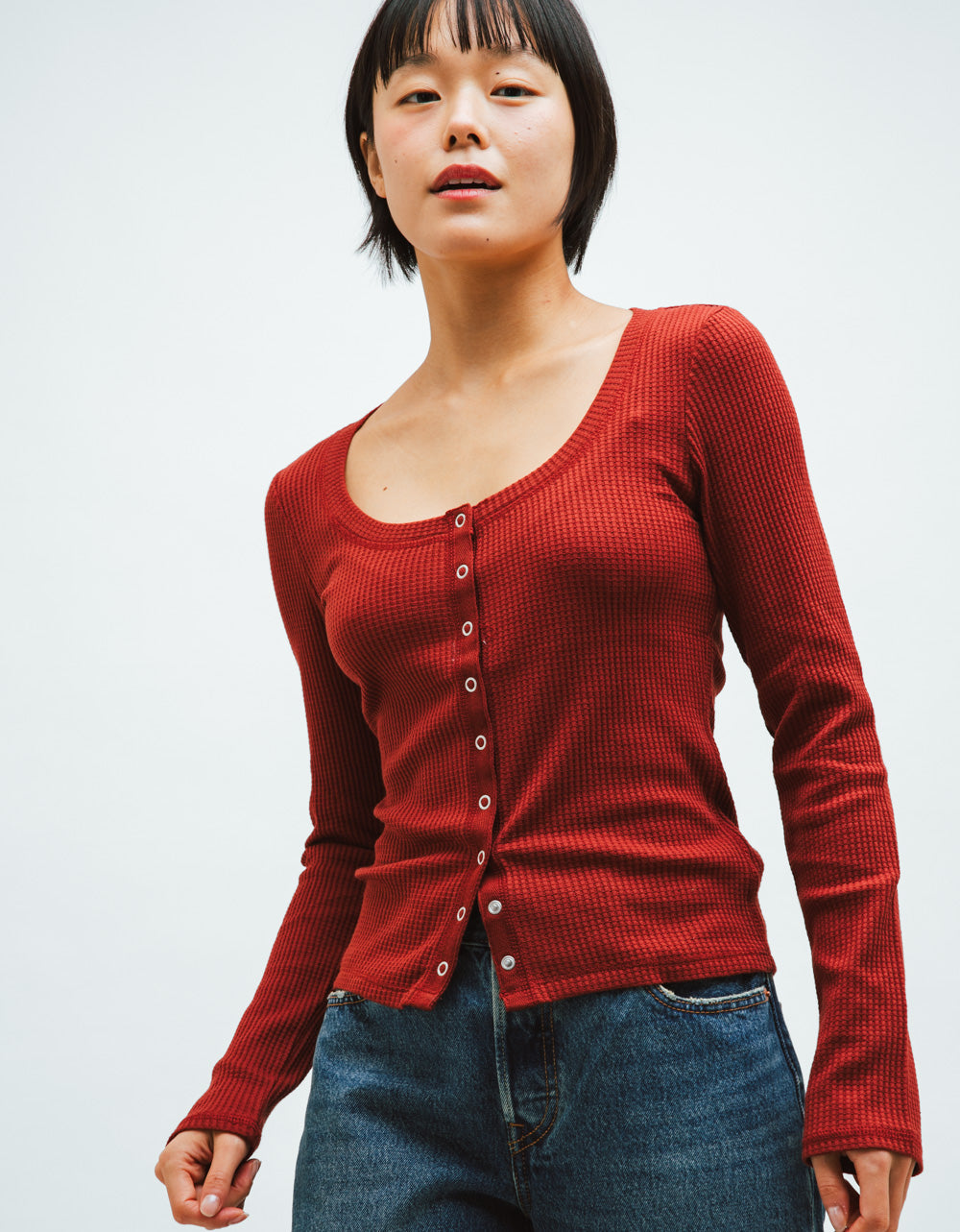 RGE Albany Waffle Button Top