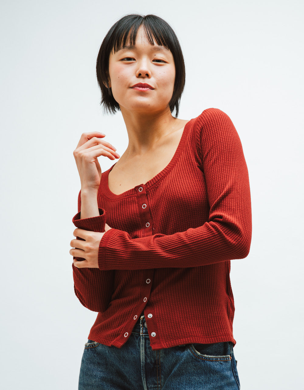RGE Albany Waffle Button Top