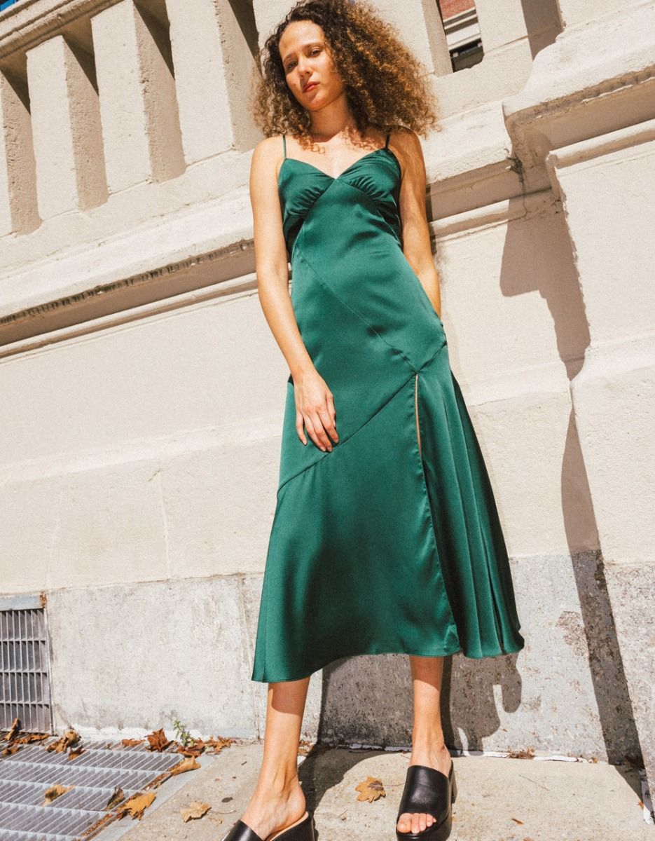 Regia Satin Slip Dress in Hunter_1