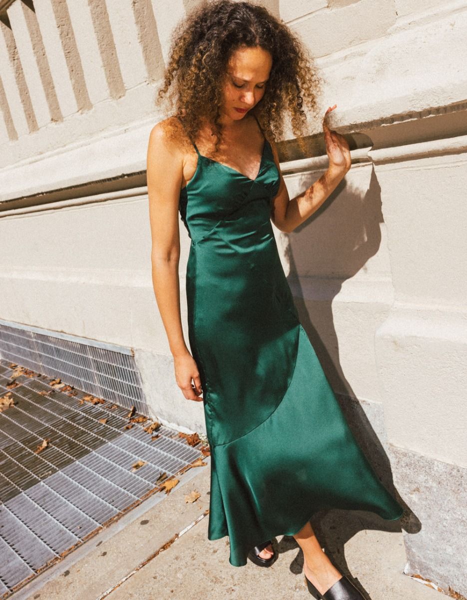 Regia Satin Slip Dress in Hunter_2