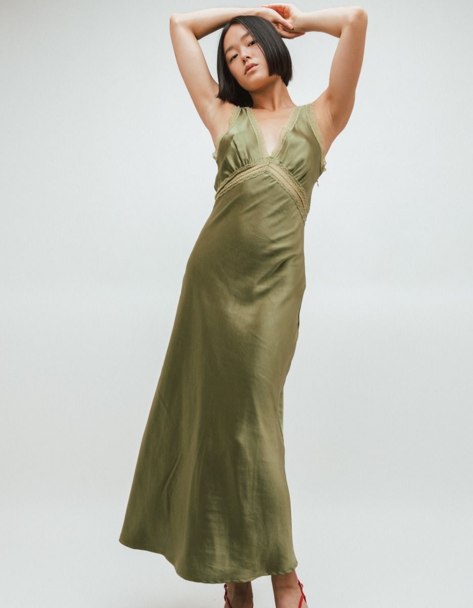 Olive Vee Satin Maxi Dress_1