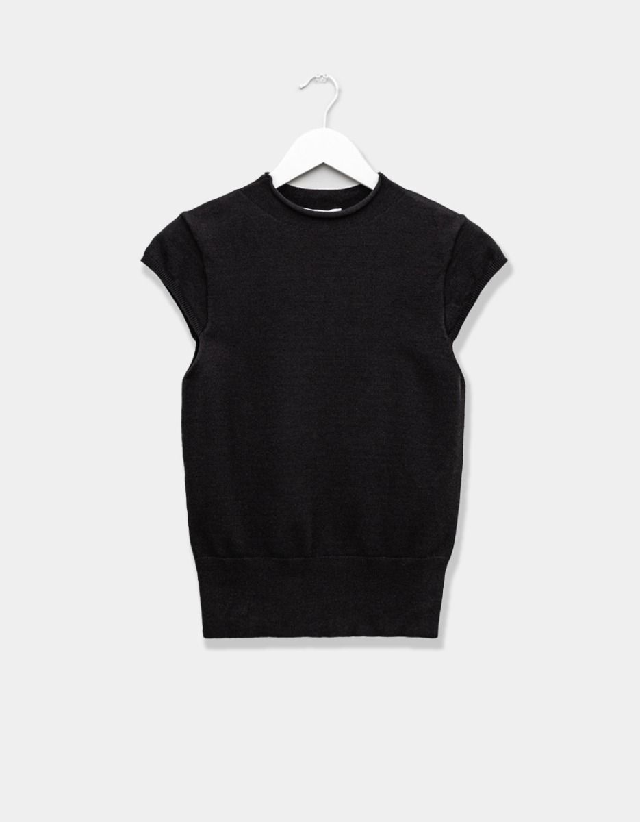 Cap Sleeve Knit Tee in Black_0