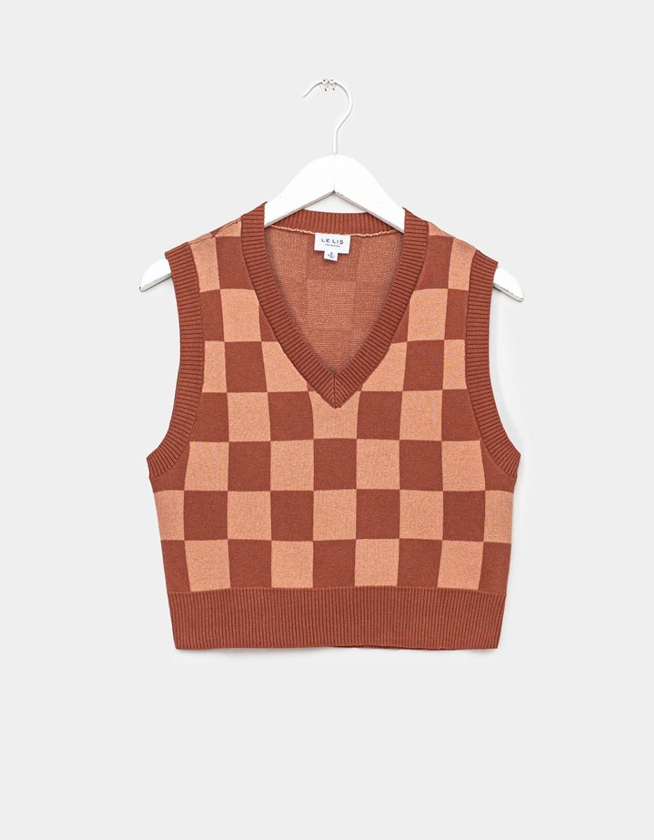 Checkerboard Vest in Coffee_0