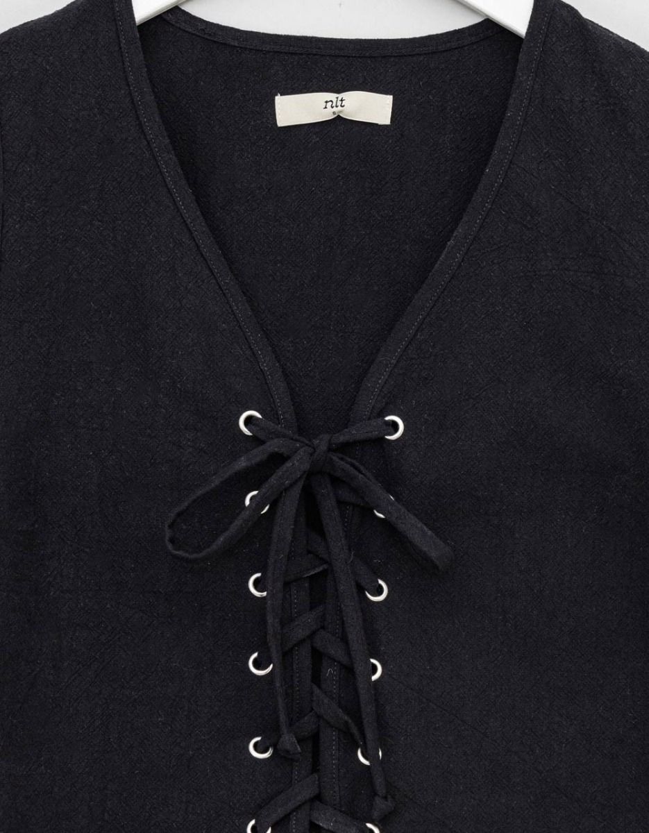 Lace-Up Cotton Top in Black_1