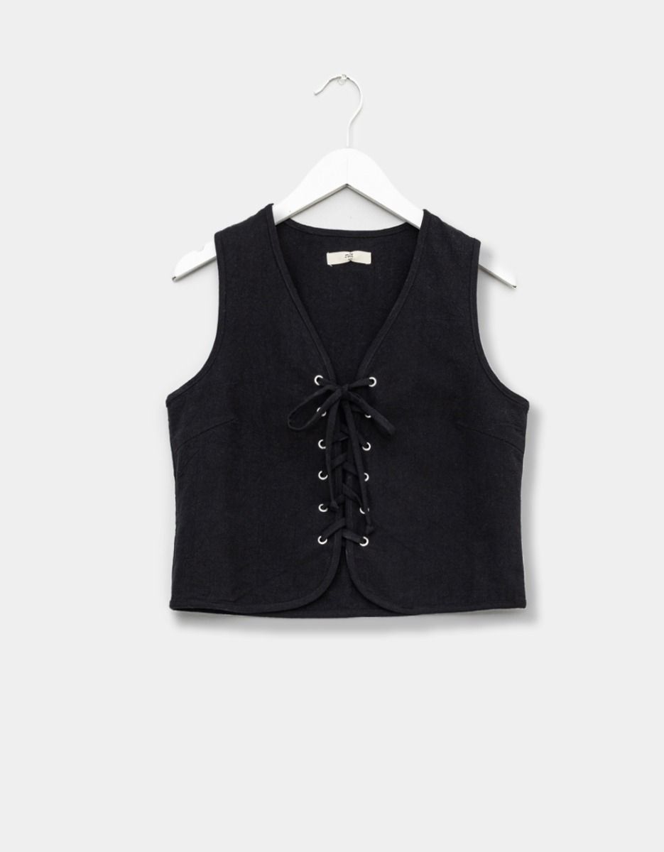 Lace-Up Cotton Top in Black_0