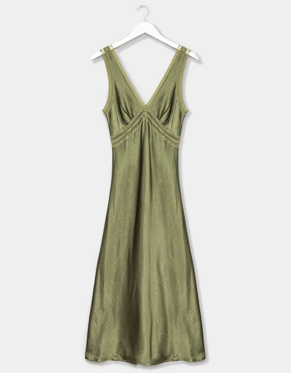 Olive Vee Satin Maxi Dress_0