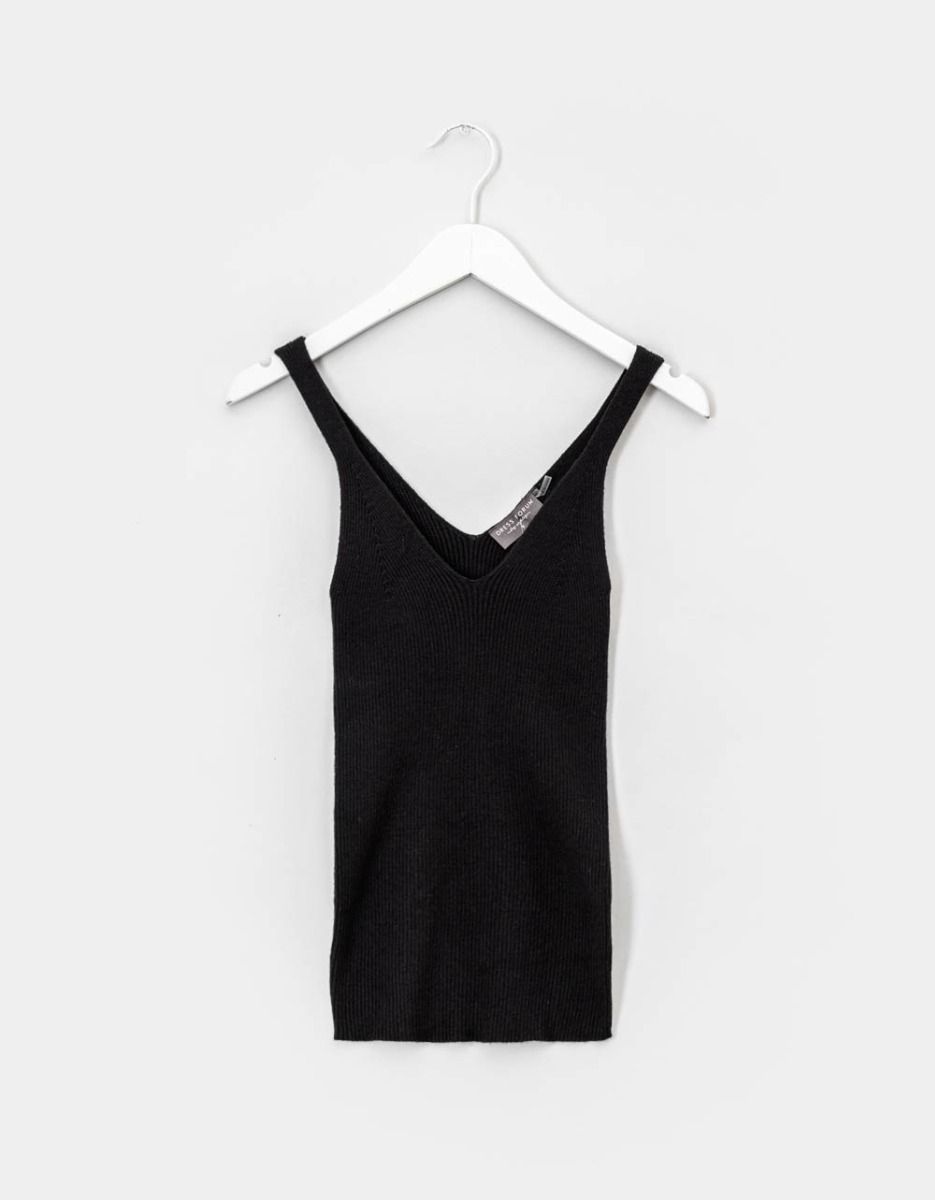 Rib Knit V-Tank in Black_0